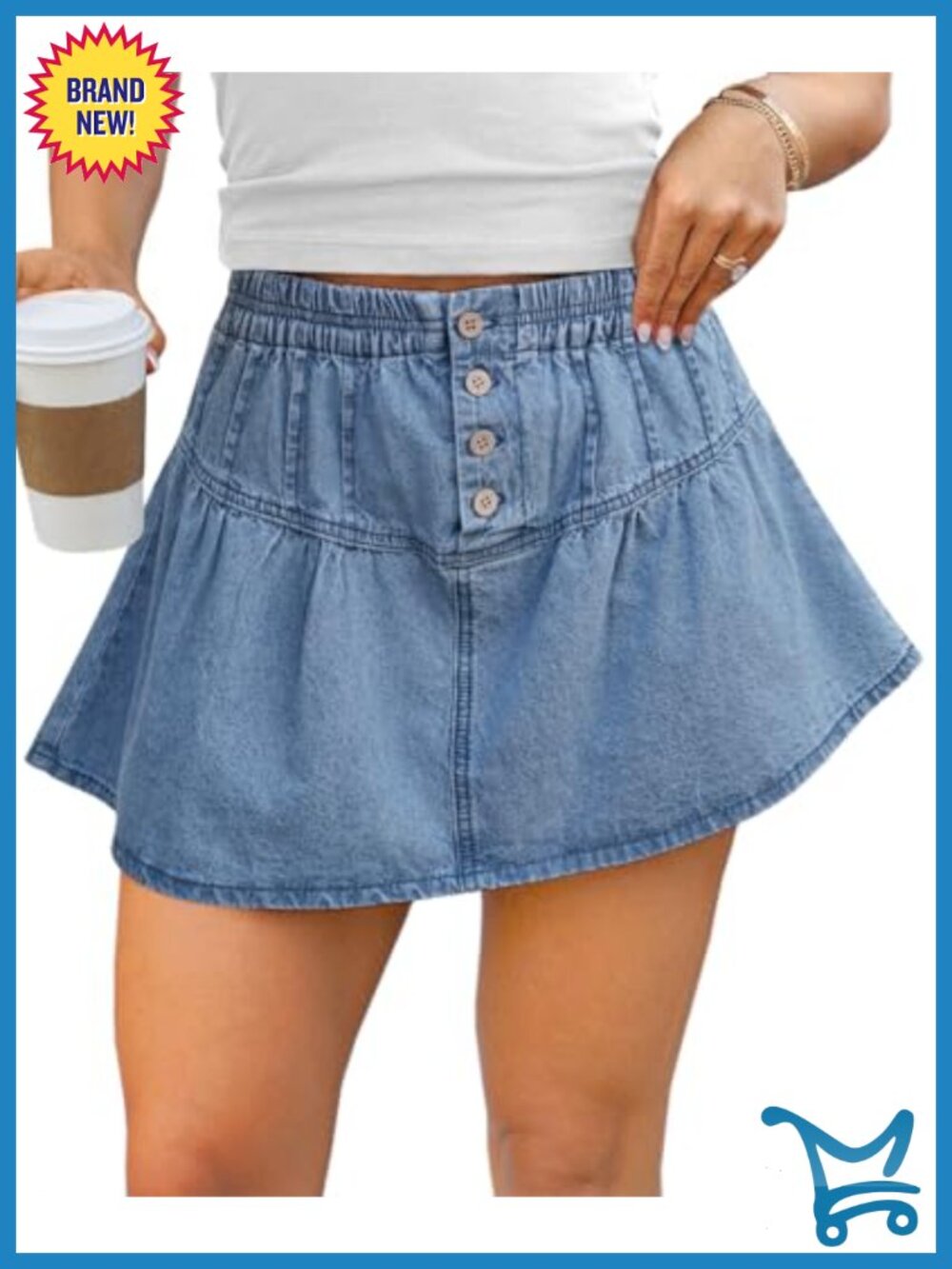 High Waisted Flowy Denim Mini Skort A-Line Built-in Shorts